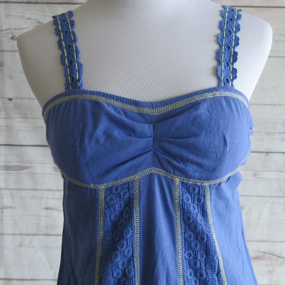Miss Me Blue Beige Trim Embroidered Lined Sleeveless Summer Dress - Size Small - Picture 3 of 8
